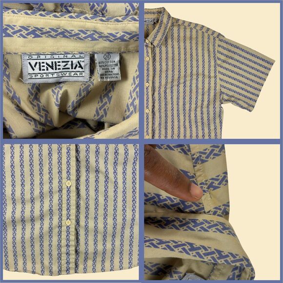 1980s striped blouse, size 20 beige & blue vintage Venezia womens button down - Picture 2 of 8